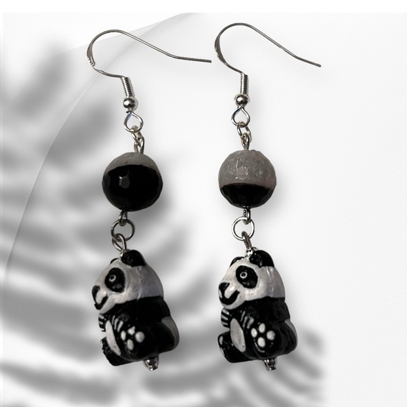 Hand Crafted Jewelry - Handmade Earrings Panda Bear Onyx Quartz Dangle Pierced Whimsical Animals